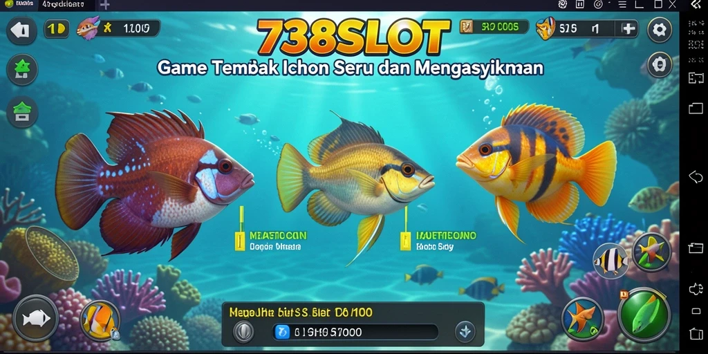 Gameplay seru 738SLOT dengan ikan berwarna-warni yang menunggu untuk ditembak.